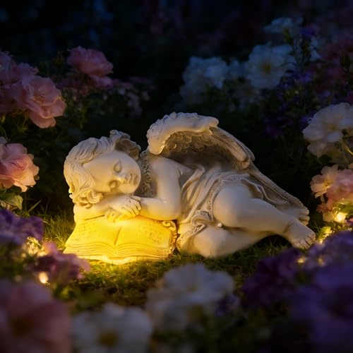 Solängel trädgårdsstatyer, ängelfigur med LED-solbelysning, ängel trädgårdsfigurer solgravljus för utomhusbruk, sovande skyddsängelfigur, trädgårdsdekoration figurer för höstdekoration gård, kyrkogård