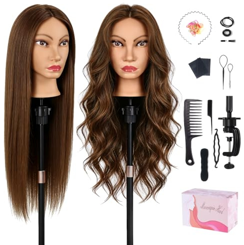 TopDirect Tete a Coiffer Professionnelle 80% Cheveux Naturel, 66CM, Brun | Tete Maleable Coiffure 80% Cheveux Naturel + 20% Cheveux Synthétiques, Tête à coiffer Mannequin Poupée pour Salon Hairstyling