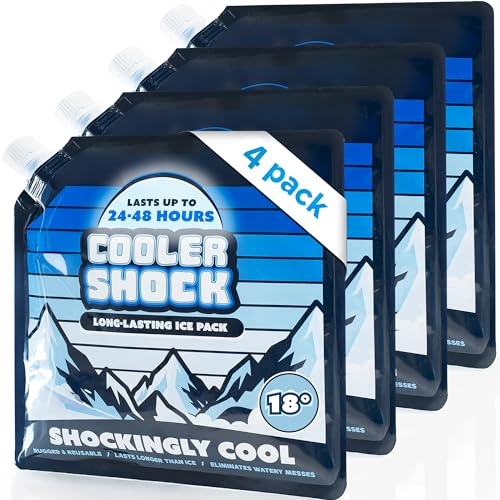 4 Mid-Size Cooler Freeze Packs 10x10 inch Screw Cap. The Coldest Pack at 18 Degrees F. No Ice Needed, Reusable. You Add Water & Save. C.S. Brand Packs Have 4,000 Reviews Avg. 4.6 Stars - Safe USA Made