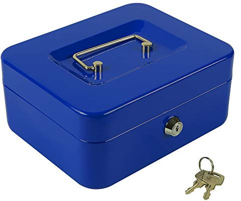 KYODOLED Cash Box with Money Tray,Storage Safe Lock Box with Key,Cash Drawer,7.87x 6.30x 3.54 Blue Medium