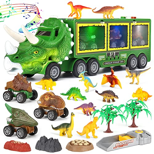 Aoskie Dinosaurier Spielzeug ab 3 4 5 Jahre, 23 Stück Truck Spielzeug mit Lichtern und Tönen, 3 Spielzeugautos, 12 Dinosaurier Figuren für Kinder