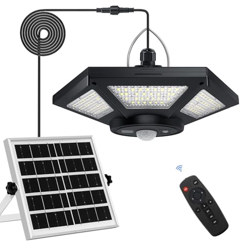 Aqonsie Solar Shed Light Indoor Outdoor Solar Powered Pandent Daytime Work Lights with 5 Lighting Modes & 3 Timers, 180LED Solar Indoor Lights Motion Sensor with Remote Control for Shed Barn Garage
