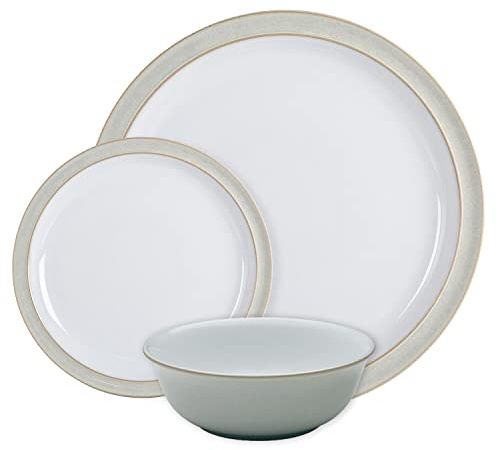 Denby - Linen Cream White Dinner Set for 4-12 Piece Ceramic Stoneware Tableware Plate & Bowl Set - Dishwasher Microwave Safe Crockery - Includes 4 x Dinner Plates, Small Plates, Cereal Bowls