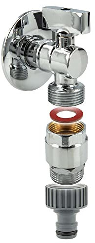 tecuro Mini-Winkelkugelhahn 1/2 Zoll x 3/4 Zoll inkl. Steckkupplung, Rohrbelüfter, Dichtband & Wandrosette, MS-verchromt - 22242-PRD