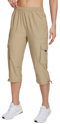 baleaf Pantalon court pour femme résistant à l'eau 7/8 cargo Capri à séchage rapide pour la marche, la randonnée, les voyages en plein air, marron, L