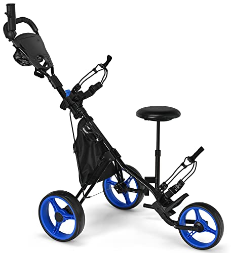 GYMAX Golf Push Trolley klappbar, 3-Rad Golfwagen mit Sitz & Verstellbarer Griff, Golftrolley, Golfcaddy, Golf Push Cart inkl. Scoreboard, Flaschehalter, Schirmhalter & Aufbewahrungstasche (Blau)