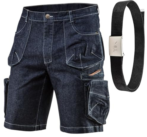 NEO TOOLS Short de Travail Homme Bermuda avec Ceinture - Taille 48(S) à 58(3XL) - Aspect Jean Court pour Hommes - Pantalon D'été