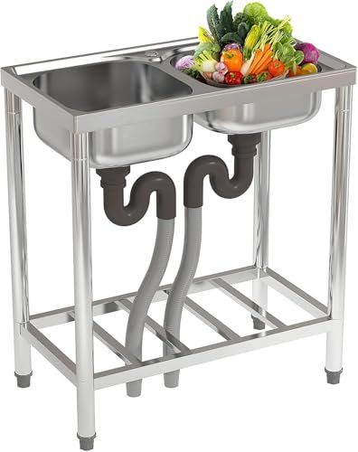 FIDOOVIVIA Stainless Steel Restaurant Kitchen Sink, 71x39x80cm Commercial Double Bowl With Tap Hole, Drain & Storage Shelf - Free Standing Outdoor Catering Sink, No Tap