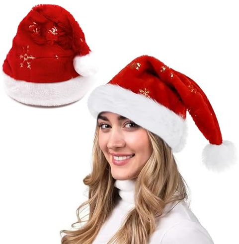 Liwein Cappello Babbo Natale, Cappello Babbo Natale Peluche per Adulti, Cappello da Babbo Natale in Peluche per Adulti con Fiocco di Neve, per Festa di Natale, Capodanno, Vacanze, Accessori per Feste