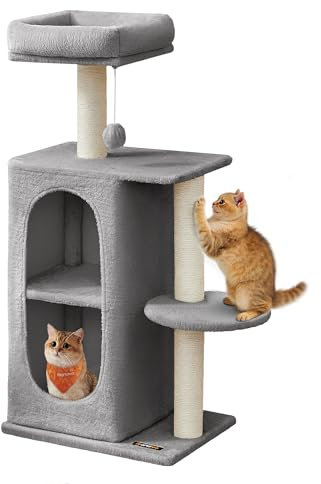 Feandrea Kratzbaum klein, Katzenbaum mit 2 Höhlen, Kratzstämme, für Mehrkatzenhaushalte, Kätzchen, hellgrau PCT005G01