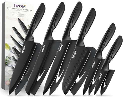 hecef Set Coltelli da Cucina, 6 Pezzi Coltelli in Acciaio Inox con Nero Rivestimento Antiaderente, Manico Ergonomico e Fodero Protettivo, Lavabili in Lavastoviglie, Ideali per Uso Quotidiano e Regalo