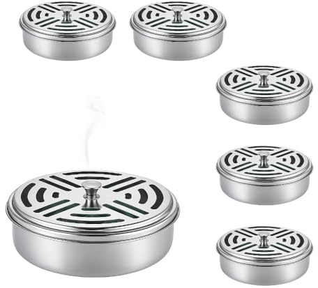 Paluplus 6 Bruciatori di Incenso e Zampironi Rotondo, Diametro 14 cm e Altezza 4 cm, Porta Zampirone in Metallo con Coperchio e raccogli cenere, per casa e campeggio -9617C-0,58