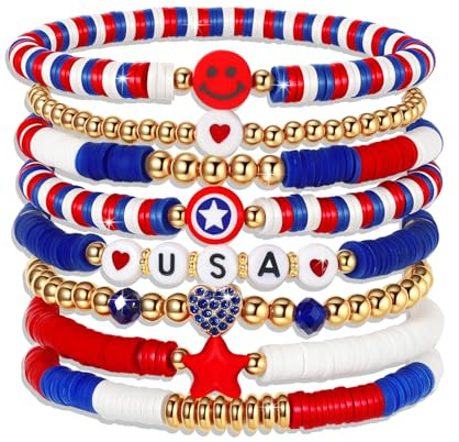 ecozran Patriotic USA Bracelets,Red White and Blue Handmade Jewelry, 4th of July Outfit, USA Patriotic Stackable Rainbow Beaded Stretch Bracelets，Elastic Layering Friendship Jewelry (4th of july-4)