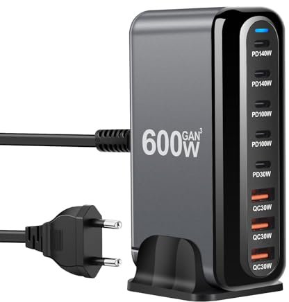 Cargador múltiple USB C de 600W, estación de Carga rápida de 8 Puertos con 6 -C y 2 -A PD PPS Cargador de 100W para MacBook Pro/Air, iPad Pro/Air, Sumsung etc-Negro