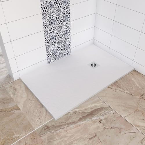 Receveur de douche blanc rectangulaire - En résine - Grille en inox - Bac à douche 140x80x3cm - Extra plat - Avec bonde d'évacuation