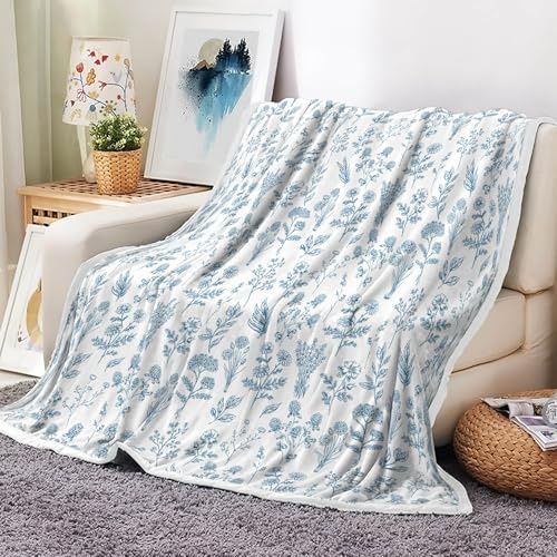 Floral Fuzzy Blanket Boho Floral Throw Blanket, Blue Botanical Flowers Blankets, Soft, Flannel, Warm, Rustic Flowers Bed Blankets All Season for Couch Bedroom Living Room 50X60 Inch