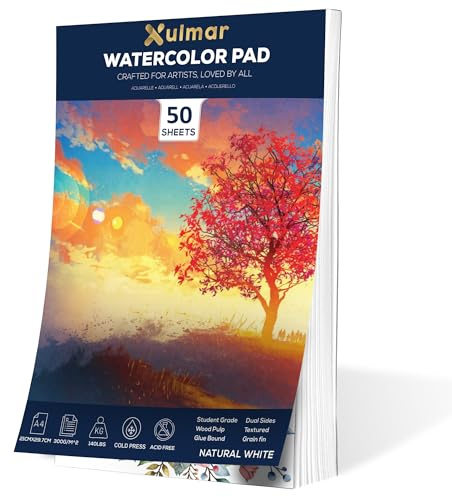 Xulmar Watercolour Paper Pad - A4 x 50 Sheets, 300 GSM Cold-Pressed 100% Acid-Free pulpwood Material | Natural White, Glue-Bound for Watercolor Painting