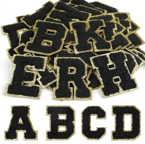 CHRORINE Lot de 26/52/104 pièces de patchs brodés avec lettres en chenille A-Z, peuvent également être cousus ou repassés, autocollants de patchs alphabétiques brodés pour DIY vêtements, sacs