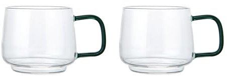 La Cafetière, Set di 2 tazze in vetro borosilicato resistente al calore con manico in vetro verde, eleganti, per tè, caffè, cioccolata calda, impilabili, lavabili in lavastoviglie, 275 ml