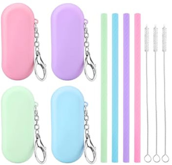 Alriedy 4-Pack Reusable Silicone Straws with Case – Collapsible, Portable Straws for Bubble Tea, Hot & Cold Drinks – Includes Cleaning Brush & Keychain – BPA-Free, Eco-Friendly Travel Straw Set