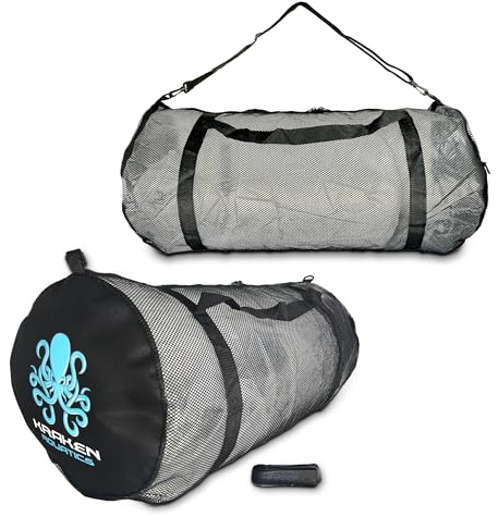 Kraken Aquatics Mesh Dive Duffle Bag with Shoulder Strap | for Scuba Diving, Snorkeling, Spearfishing, Freediving, Swimming, Beach and Sports Equipment | Large