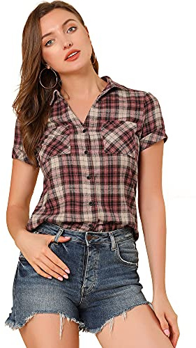Allegra K Women's Cotton Classic Button Down Western Plaid Shirt Medium Beige Red