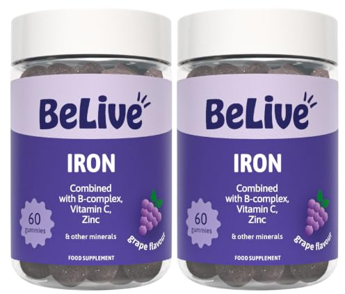 Iron Gummies Supplement with Vitamin C, A, Vitamins B Complex, Folate, Multivitamins for Women, Kids & Adults - Supports Energy, No After Taste, Vegan Supplements - Grape Flavor (120 Ct) (2 Pack)
