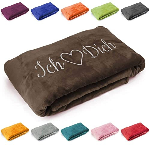Kuscheldecke 'Ich liebe Dich', Geschenk zu Valentinstag, Geburtstag, Hochzeitstag, hochwertig bestickt, 200cm x 150cm extra weiche und gemütliche Sofadecke/Wohndecke, hochwertiges Fleece (Dunkelbraun)