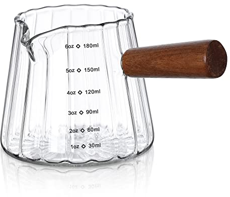 Joeyan 180ml Verre Doseur Avec Poignée en Bois et Becs,Côtelée Borosilicate Tasse à Mesurer en Verre Petit Pichet Lait en verre,Transparent Verre à Mesureur Expresso,Pour Cocktails Boissons Café