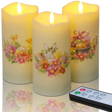 Eywamage Fiber Optic Spring Flameless Candles with Remote, Flickering Easter LED Pillar Candles Battery Operated Set of 3