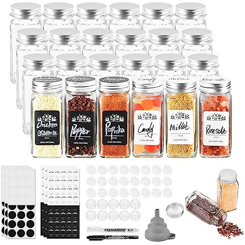 Miorkly 24 barattoli per spezie rettangolari, 120 ml, set con inserto per spargimento, spargispezie con coperchio argentato, contenitore per spezie in vetro in acciaio inox, con imbuto, etichetta e