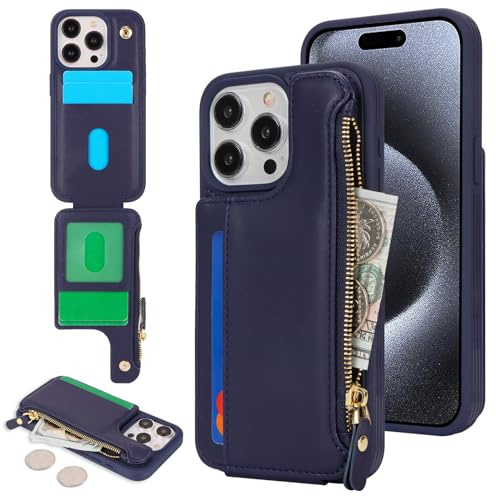 SailorTech för iPhone 15 Pro telefonfodral med kreditkortshållare för män, iPhone 15 Pro-fodral med kreditkortsfack, plånbok, blixtlåsfodral för kvinnor – blå