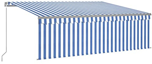Toldo para balcón, jardín, terraza, toldo con brazo articulado, retráctil con persiana LED, 4,5 x 3 m, azul y blanco, para terraza