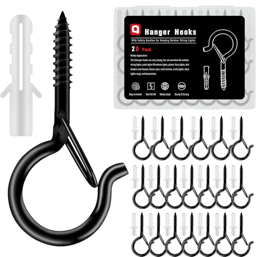 KULOLO Black Screw Hooks with Safety Lock - 2.3 Rustproof Metal Ceiling Hooks for Hanging Plants, Baskets,String Lights & Outdoor Decor, 40LB Capacity (20 Pack,Includes Storage Case & Plastic Caps)