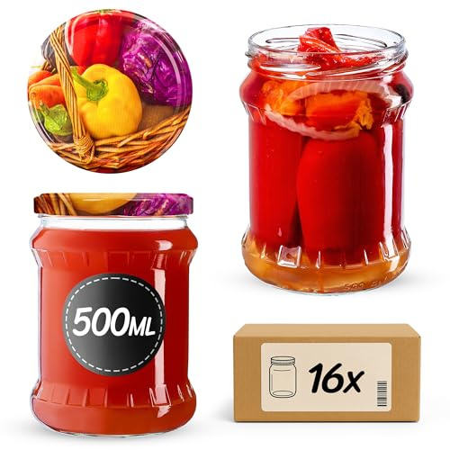 KADAX Tarros de conservas de 500 ml, con tapa de rosca fi82 mm, tarros para conservas de frutas, verduras, miel y conservas (pimientos, 16 unidades)