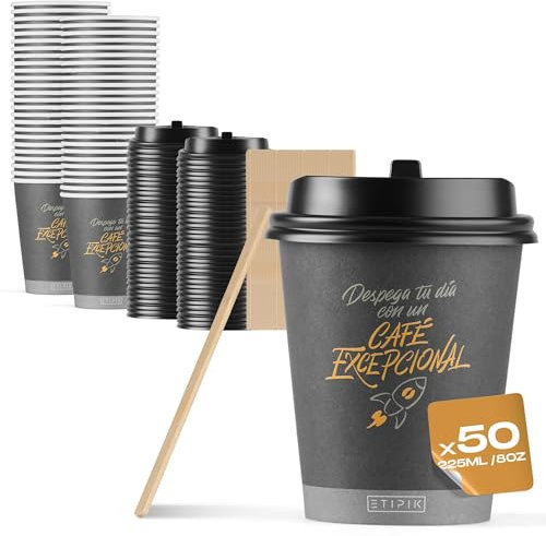 Vasos de Papel Desechables con Tapa y Paletinas de madera – 50 Unidades de 8 oz (235 ml), Modelo TheClass. Antifugas, resistentes, ecológicos y reciclables. Ideales para Café, Té y bebidas calientes.
