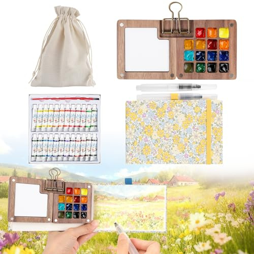 7 PCS Pocket Artist Watercolour Travel Set - 15 Grids Travel Watercolour Paint Set Portable, Mini Watercolour Paint Set Travel, Painting Set with Foldable Wooden Palette, Sketchbook, Brush (Yellow)