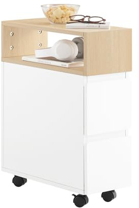 SoBuy Schmaler Roll-Beistelltisch mit 2 Schubladen – Mobiler Nachttisch für kleine Räume, Rollender Nachttisch für Schlafzimmer/Wohnzimmer, 50x20x61cm Weiß/Natur FBT155-WN