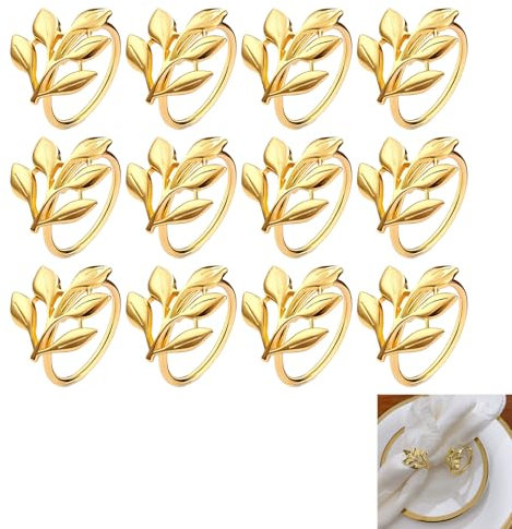 Batheidon Anelli Portatovaglioli，Anelli Portatovagliolo, 12 Pezzi Tovaglioli Fibbia,Design Elegante Foglie Dorate, Adatti per Matrimoni, Feste, Cene, Natale, Decorazioni da Tavola e Eventi Speciali