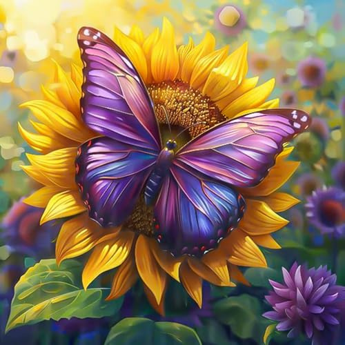Fountor Butterfly Paint by Numbers for Adults Without Frame 40x40 CM | Butterfly and Sunflower DIY Acrylic Painting by Numbers for Adults, Stress Relief Craft Kits, Home Wall Decor Gift