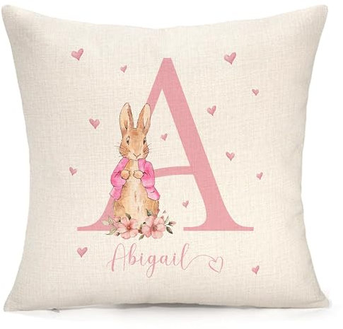 Personalised Flopsy Pink or Blue Peter Rabbit Cushion | Lovely Gift | Custom Cushion | Customised With Any Name & Initial |New Baby Present, 1st Birthday Gift | Pillow/Cushion