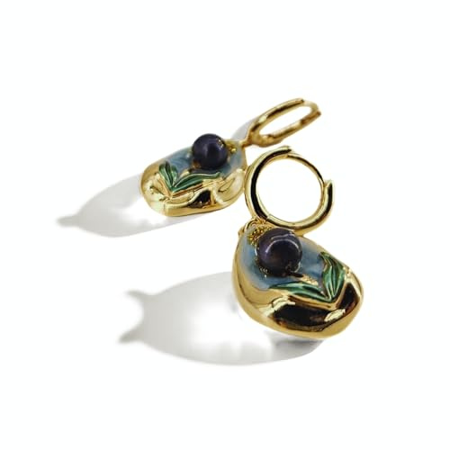 Impression Noire 18K Gold Hoop Earrings with Floral Enamel & Baroque Pearls, Cute Earrings for Women Trendy, Small Gold Hoops, Impressionist-Inspired Pearl Jewelry