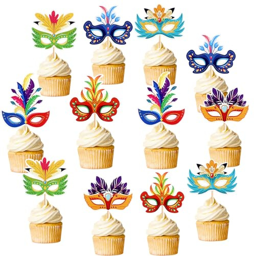 YUEcthynous 12 pezzi Maschera torta decorazione,topper per cupcake con glitter, maschere in maschera,per feste in maschera,feste di nascita,baby shower,Carnevale,festa dei singoli
