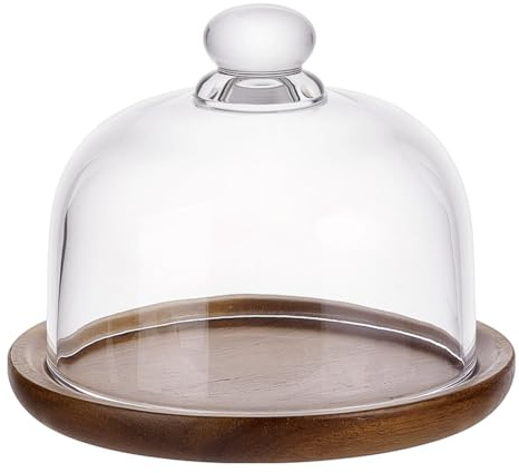 NBEADS Mini Acacia Wooden Cake Stand with Glass Dome, Small Cloche Clear Bell Jar Cover Cake Glass Dome with Base for Kitchen Baking Gifts,6×6×4.9inches