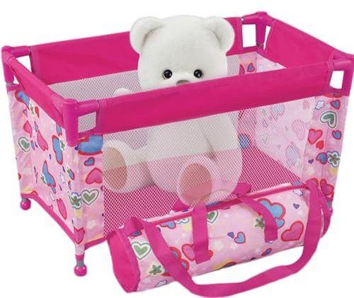 Berceau pour poupées de 18 Pouces, lit Pliable en Maille pour poupées, Parc pour à Motif cœur, Sac de Transport pour Portables, Cadeaux pour Enfants 3 Ans et Plus.