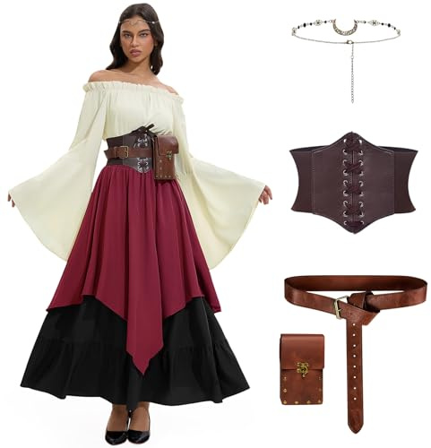 LumenVela Robe Médiévale Femme, Robe Renaissance Femme avec Corset, Sac Banane, Coiffe, Ceinture, Rétro Renaissance Déguisement Victorienne Flare Manches pour Halloween Carnaval (Rouge, S)