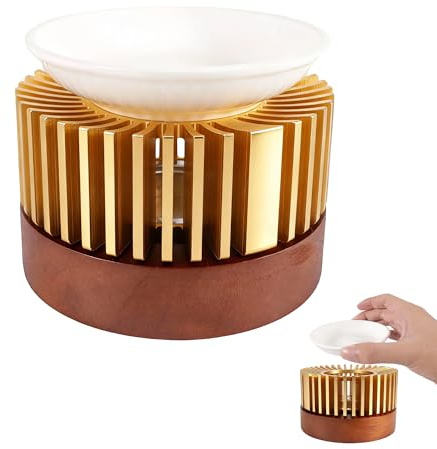 worahroe Lampada profumata per oli essenziali, porta lumini, lampada profumata a cera aromatica, diametro 11 cm, in alluminio, con ciotola in ceramica, per aromaterapia e decorazione (oro)
