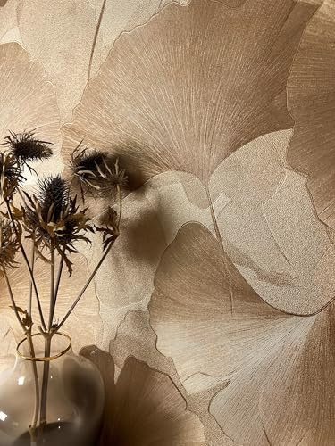 Newroom Carta da Parati Tessuto Non Tessuto Oro Foglie Ginkgo Vinile - Floreale Vintage Effetto Naturale Luminoso per Soggiorno Camera da Letto