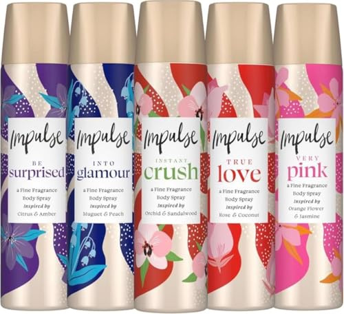 Impulse Body Spray for Women, 5x75ml - Bundle Instant Crush, Into Glamour, True Love, Very Pink, Be Surprised- Women’s Fragrance Sprays