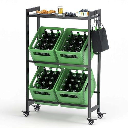 DanDiBo Drinks Crate Rack 4 Crates with Storage Surface Wheels Hooks Metal Black 96651 Drinks Shelf Crate Shelf Drinks Shelf